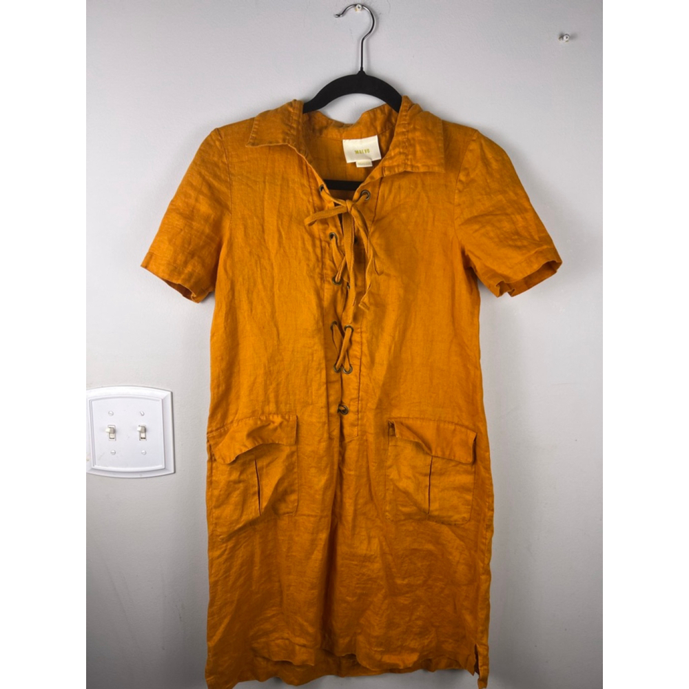 Maeve Anthropologie Linen Lace Up Dress Mustard Utility Pockets Size 0 Minimalis